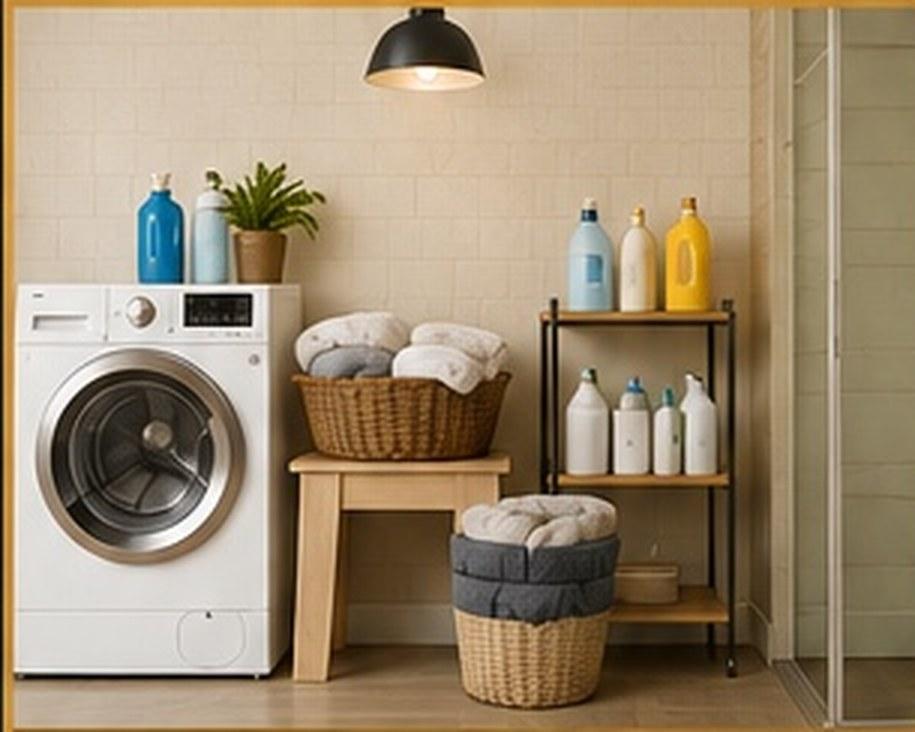 A laundry area with a washer, folded towels, and cleaning supplies